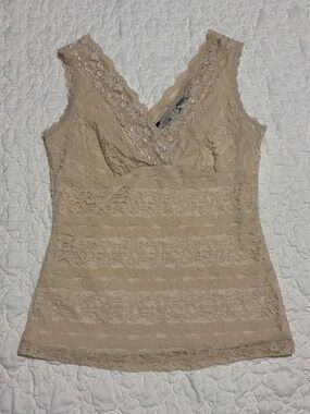 Vintage Y2K Beige Lace V-Neck Sleeveless Tank Top XS Fairy Romantic Coquette